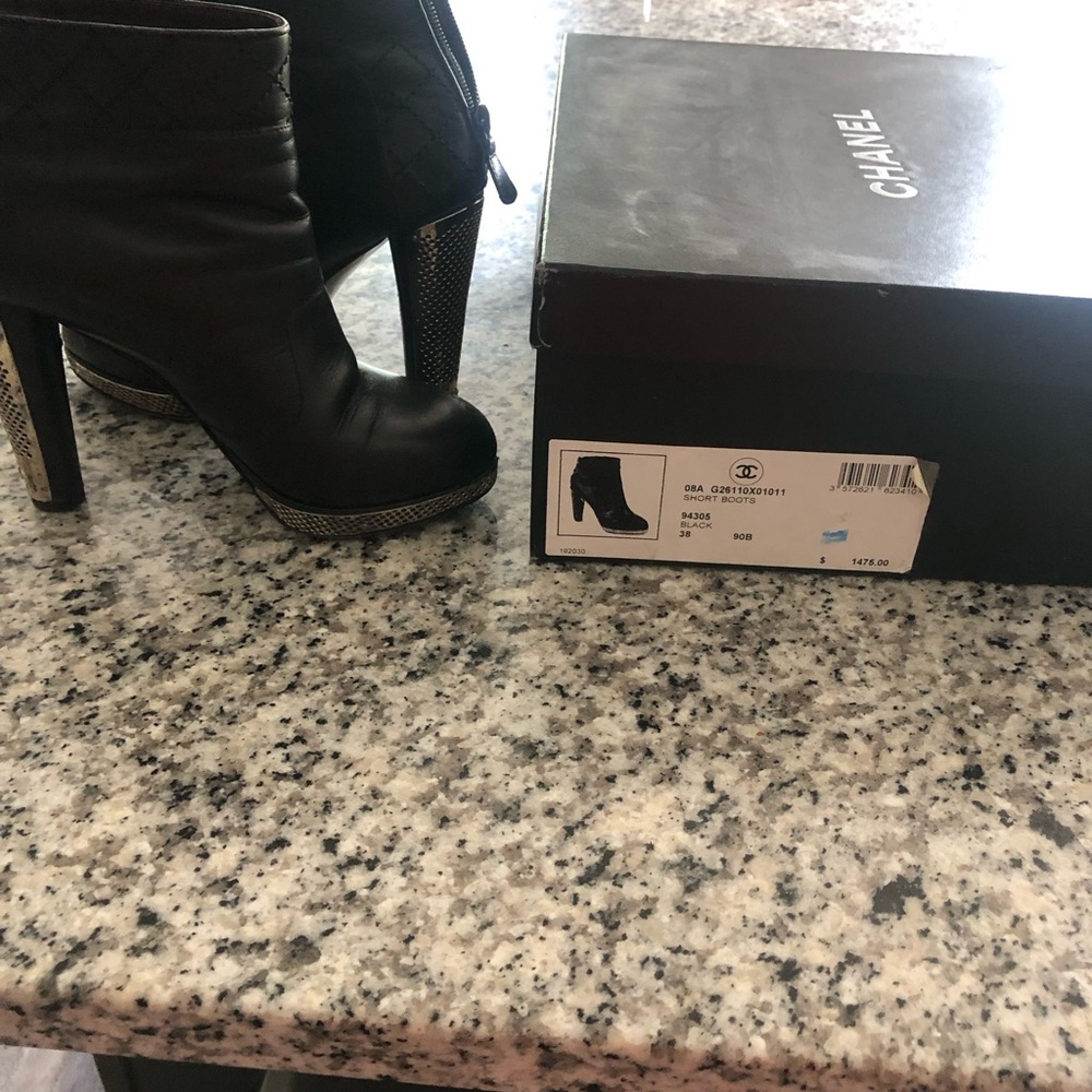 Chanel Black Lamb Skin and Silver Metal Chain Mail Ankle Boots size 38
